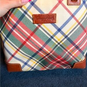Vintage Dooney & Bourke Cream Plaid Tote with Red, Green, Blue & Yellow Accents